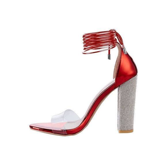 Red High Heels Sandals with Rhinestone Block Heel & Strappy Adjustable Ankle - Picture 5 of 10
